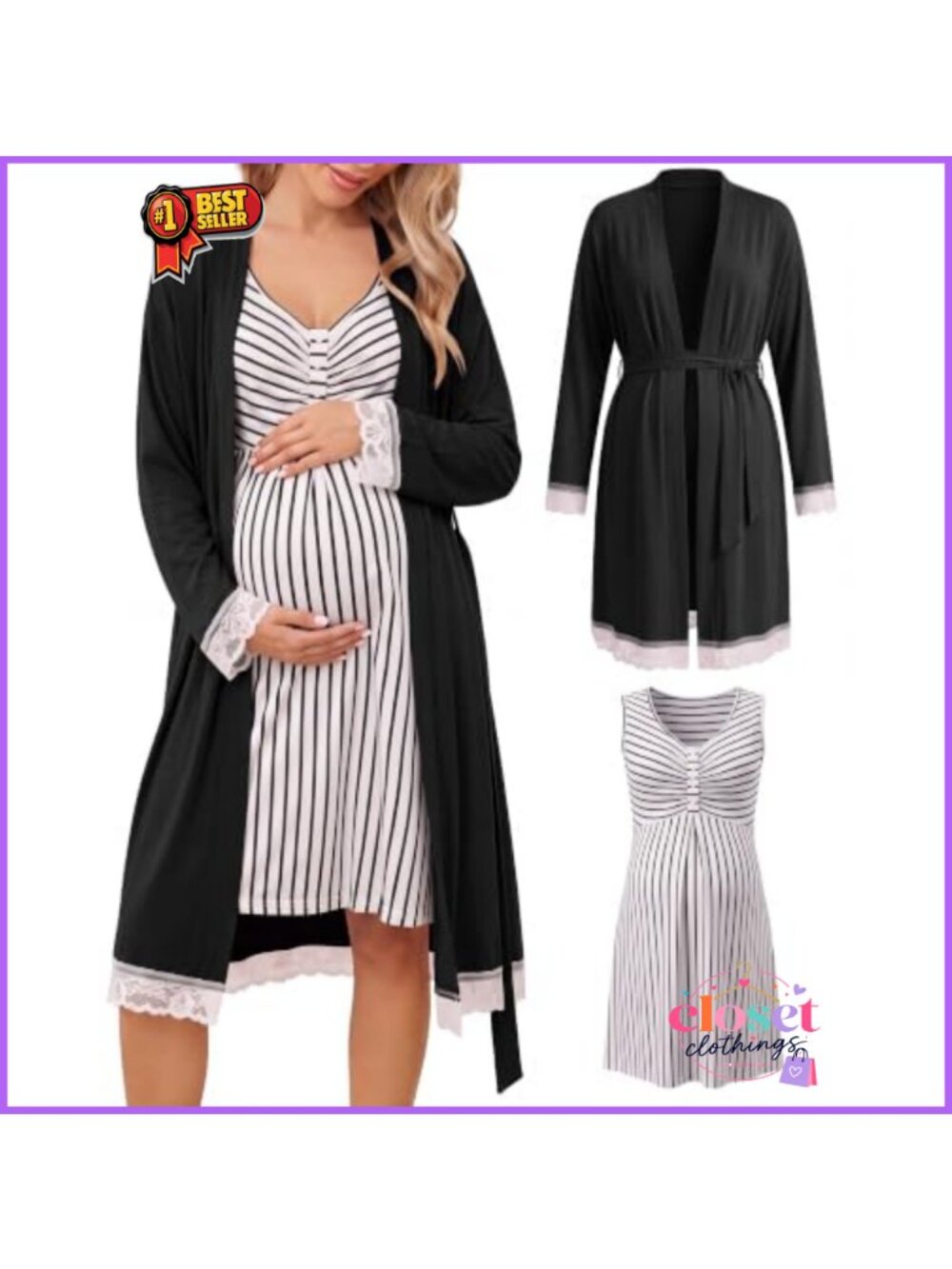 Maternity Nursing Nightgown and Robe Set Polyester Spandex Sleepwear
